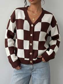 SHEIN Holidaya Checkered Loose Button Knit Cardigan, Autumn/Winter - Coffee Brown - View 7