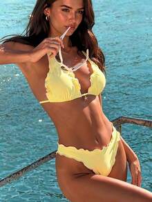 Bonvoyette-D Women Yellow Summer Casual Holiday Vacation Ruffle Trim Contrast Starfish Pendant Drawstring Tie Front Deep V Backless Bikini Set - Yellow - View 1