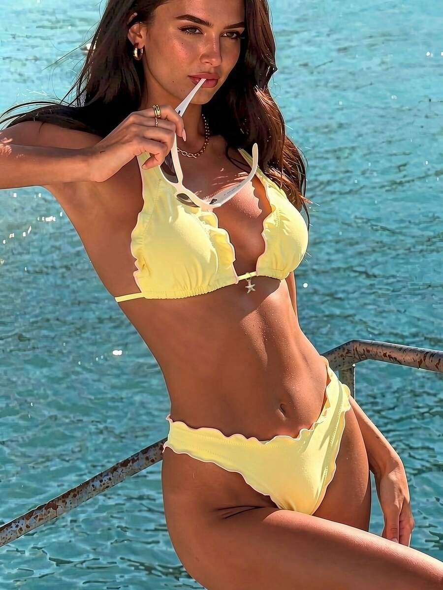 Bonvoyette-D Women Yellow Summer Casual Holiday Vacation Ruffle Trim Contrast Starfish Pendant Drawstring Tie Front Deep V Backless Bikini Set - Yellow - View 1