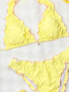 Bonvoyette-D Women Yellow Summer Casual Holiday Vacation Ruffle Trim Contrast Starfish Pendant Drawstring Tie Front Deep V Backless Bikini Set - Yellow - View 4