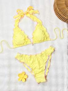 Bonvoyette-D Women Yellow Summer Casual Holiday Vacation Ruffle Trim Contrast Starfish Pendant Drawstring Tie Front Deep V Backless Bikini Set - Yellow - View 5