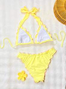 Bonvoyette-D Women Yellow Summer Casual Holiday Vacation Ruffle Trim Contrast Starfish Pendant Drawstring Tie Front Deep V Backless Bikini Set - Yellow - View 2