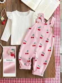SHEIN Vintaside Kids 2件組女嬰幼兒上衣吊帶褲，可愛白色粉紅櫻桃印花羅紋燈芯絨長袖荷葉袖圓領秋季假期連身裙毛衣 - 粉色 - 查看 1