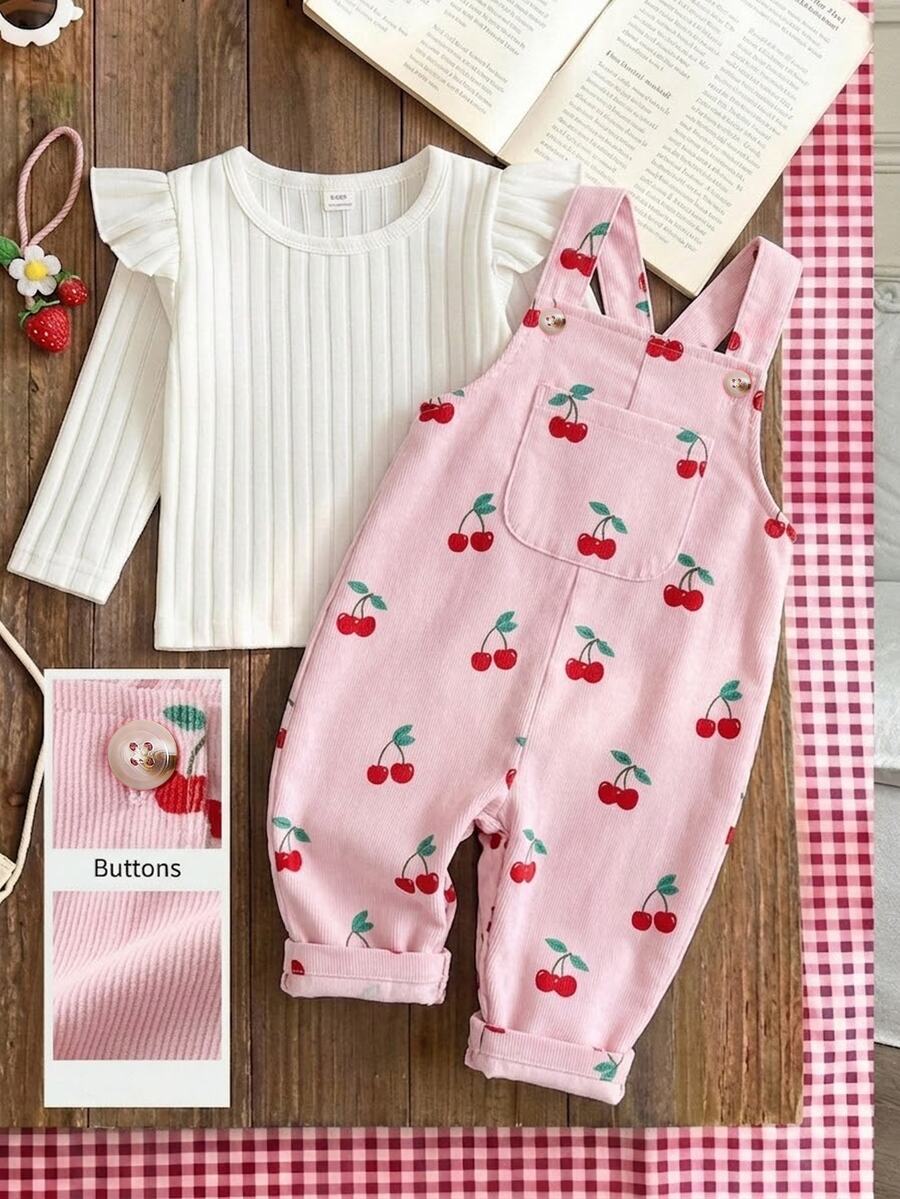 SHEIN Vintaside Kids 2件組女嬰幼兒上衣吊帶褲,可愛白色粉紅櫻桃印花羅紋燈芯絨長袖荷葉袖圓領秋季假期連身裙毛衣 - 粉色 - 查看 1