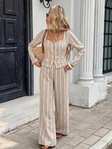 SHEIN Frenchy بدلة عمل نسائية بقميص مخطط بأزرار وبنطال فضفاض - لون مشمشي - مشاهدة 10