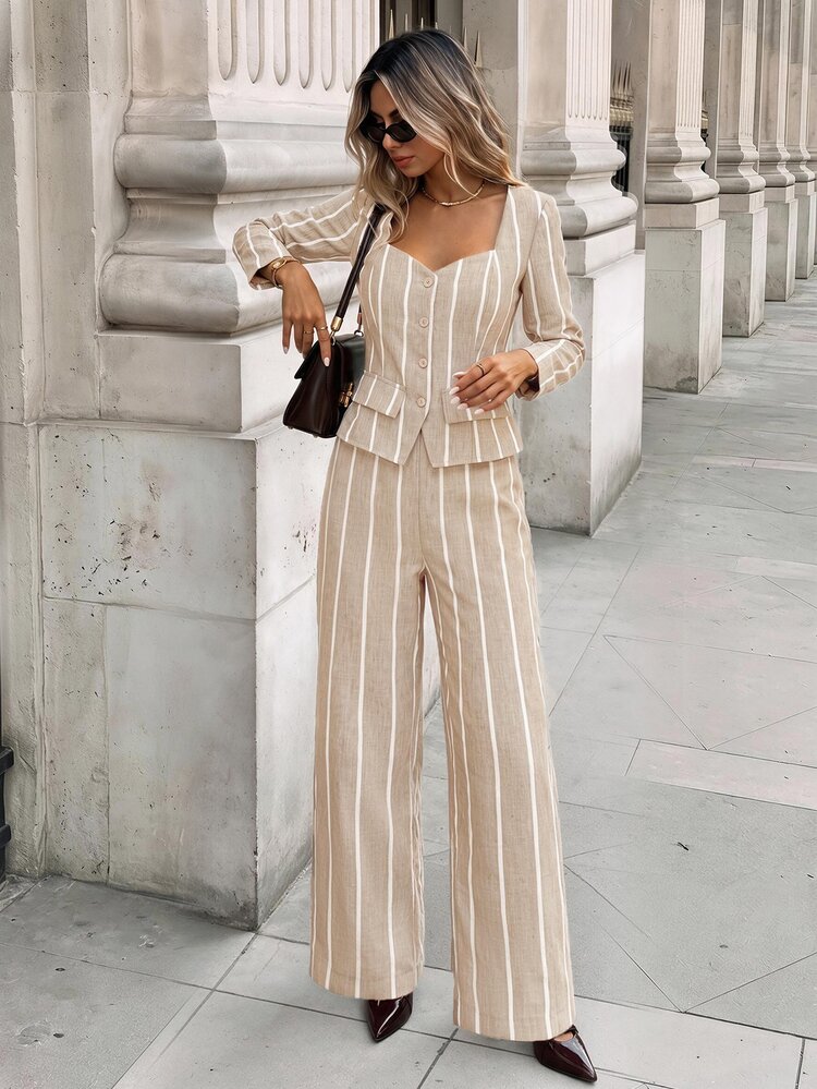 SHEIN Frenchy بدلة عمل نسائية بقميص مخطط بأزرار وبنطال فضفاض - لون مشمشي - مشاهدة 9