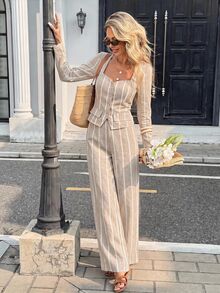 SHEIN Frenchy بدلة عمل نسائية بقميص مخطط بأزرار وبنطال فضفاض - لون مشمشي - مشاهدة 4