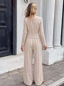SHEIN Frenchy بدلة عمل نسائية بقميص مخطط بأزرار وبنطال فضفاض - لون مشمشي - مشاهدة 2
