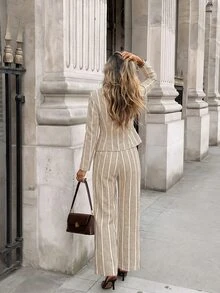 SHEIN Frenchy بدلة عمل نسائية بقميص مخطط بأزرار وبنطال فضفاض - لون مشمشي - مشاهدة 6