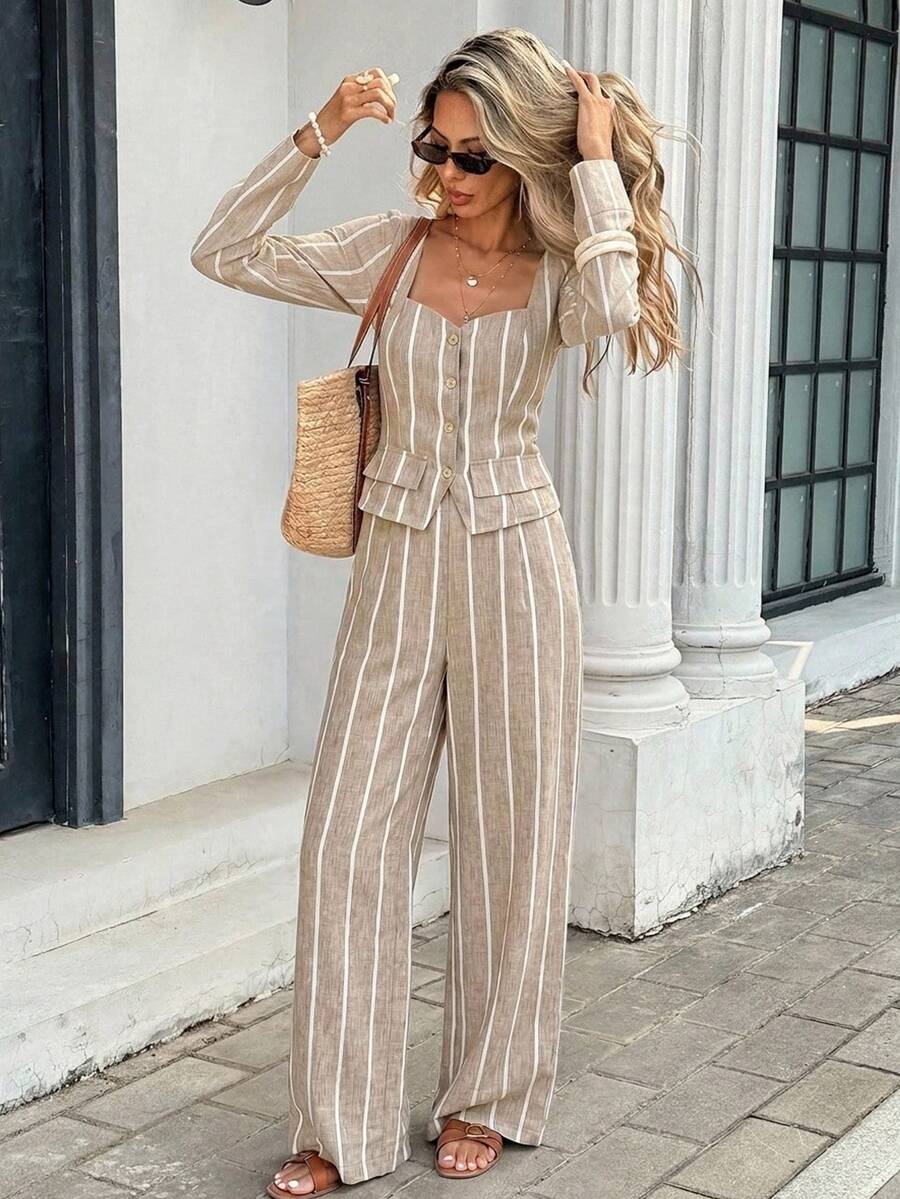 SHEIN Frenchy بدلة عمل نسائية بقميص مخطط بأزرار وبنطال فضفاض - لون مشمشي - مشاهدة 1
