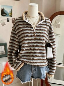 Sweetra Plus Size Women's New Small Collar Striped Imitation Wool Ring Autumn And Winter Vests, Suitable For Daily Wear Casual Vests, New Vests - Multicolor - View 4
