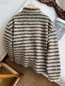 Sweetra Plus Size Women's New Small Collar Striped Imitation Wool Ring Autumn And Winter Vests, Suitable For Daily Wear Casual Vests, New Vests - Multicolor - View 2