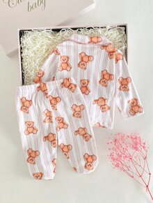 2件組女嬰秋冬抓絨內裡毛絨新生兒套裝，可愛卡通甜美條紋熊印花休閒舒適開襟長袖連腳褲2件套，居家服，秋冬冬季服飾，新生兒最佳禮物 - 粉色 - 查看 2