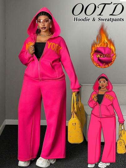 Maweii Women's Plus Size Casual Rose Pink Thick Sweatshirt Fabric Hooded Design 3D Embroidery Design Plus Size Pockets Elastic Waistband Plus Size Casual Outfit Plus Size Sweatshirt Set Women's Plus Size New Style Party Gathering Fashion Item Versatile Hooded Sweatshirt & Pants 2-Piece Set