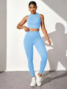 SHEIN Sports 女款純色無縫圓領無袖上衣與長褲運動套裝 健身套裝 春節限定 - 淺藍色 - 查看 5