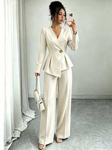 Elenzga Women's Elegant Fashion Top And Elastic Waist Long Pants Set, Button Decor Casual/Commute Outfit, Suitable For Spring/Autumn, Office Casual Workwear, - Apricot - View 5