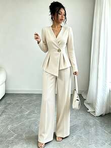 Elenzga Women's Elegant Fashion Top And Elastic Waist Long Pants Set, Button Decor Casual/Commute Outfit, Suitable For Spring/Autumn, Office Casual Workwear, - Apricot - View 3