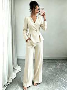 Elenzga Women's Elegant Fashion Top And Elastic Waist Long Pants Set, Button Decor Casual/Commute Outfit, Suitable For Spring/Autumn, Office Casual Workwear, - Apricot - View 4
