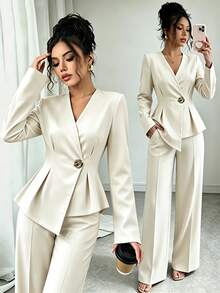 Elenzga Women's Elegant Fashion Top And Elastic Waist Long Pants Set, Button Decor Casual/Commute Outfit, Suitable For Spring/Autumn, Office Casual Workwear, - Apricot - View 1