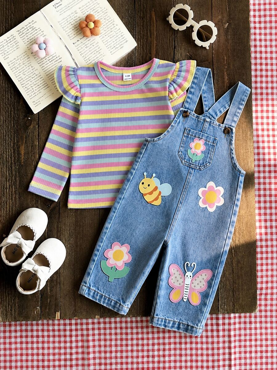SHEIN Vintaside Kids 2件組女嬰春秋彩虹條紋丹寧藍甜美俏皮風荷葉邊長袖內搭上衣＋花朵蜜蜂蝴蝶印花丹寧吊帶褲套裝，寬鬆直筒褲管，適合日常外出、戶外玩耍、生日派對、拍照攝影、家庭聚會