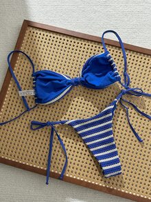 SHEIN Swim 女士提花面料挂脖比基尼套装，金属装饰，春夏款 - 藍白色 - 查看 2