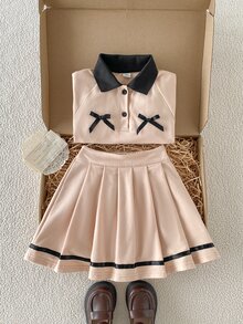 SHEIN 女童 4-8歲 秋冬杏色領翻領長袖蝴蝶結插肩衛衣搭配裙組，溫柔極簡舒適易穿，適合戶外活動、購物等 - 咖啡棕 - 查看 4