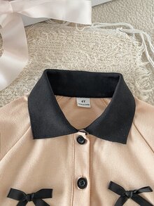 SHEIN 女童 4-8歲 秋冬杏色領翻領長袖蝴蝶結插肩衛衣搭配裙組，溫柔極簡舒適易穿，適合戶外活動、購物等 - 咖啡棕 - 查看 6