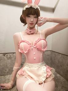 Dansine Bunny Girl Spaghetti Strap Jumpsuit With Bow Decor And Frill Trim - Pink - View 3