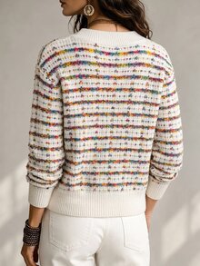 SHEIN 慵懶圓領藍白配色長袖度假毛衣，適合早午餐、日常旅行、秋季休閒波希米亞法式風 - 彩色 - 查看 2