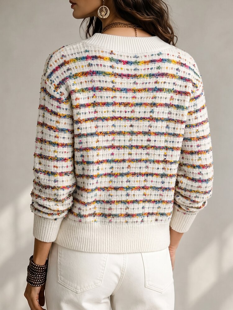 SHEIN Slouchy Round Neck Blue And White Long Sleeve Vacation Sweater Brunch Everyday Travel Fall Casual Boho French - Multicolor - View 2