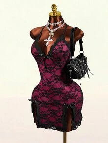 Mistrie Women's Spaghetti Strap Lace Sheer Contrast Color Ruffle Mini Dress - Multicolor - View 6