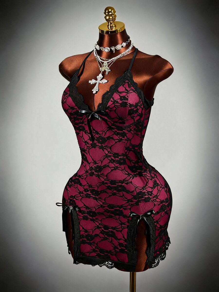 Mistrie Women's Spaghetti Strap Lace Sheer Contrast Color Ruffle Mini Dress
