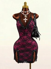 Mistrie Women's Spaghetti Strap Lace Sheer Contrast Color Ruffle Mini Dress - Multicolor - View 5