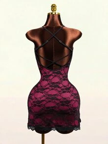 Mistrie Women's Spaghetti Strap Lace Sheer Contrast Color Ruffle Mini Dress - Multicolor - View 3