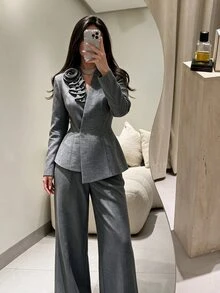 Modelyn Women 3D Flower Embellished Wrap Blazer Two Piece Set Asymmetric Peplum Top & High Waist Wide Leg Pants Quiet Luxury Fall Office Wedding Guest Formal - Grey - View 9