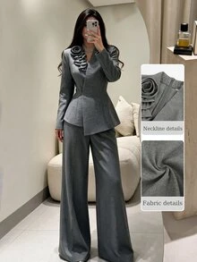 Modelyn Women 3D Flower Embellished Wrap Blazer Two Piece Set Asymmetric Peplum Top & High Waist Wide Leg Pants Quiet Luxury Fall Office Wedding Guest Formal - Grey - View 1