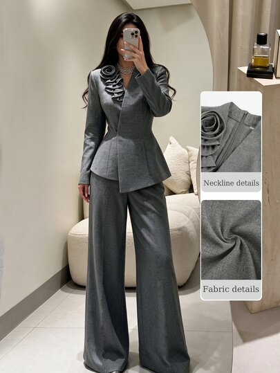 Modelyn Women 3D Flower Embellished Wrap Blazer Two Piece Set Asymmetric Peplum Top & High Waist Wide Leg Pants Quiet Luxury Fall Office Wedding Guest Formal