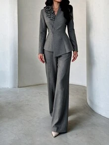 Modelyn Women 3D Flower Embellished Wrap Blazer Two Piece Set Asymmetric Peplum Top & High Waist Wide Leg Pants Quiet Luxury Fall Office Wedding Guest Formal - Grey - View 11