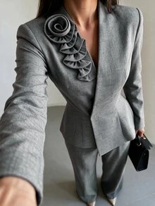 Modelyn Women 3D Flower Embellished Wrap Blazer Two Piece Set Asymmetric Peplum Top & High Waist Wide Leg Pants Quiet Luxury Fall Office Wedding Guest Formal - Grey - View 5
