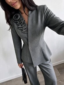 Modelyn Women 3D Flower Embellished Wrap Blazer Two Piece Set Asymmetric Peplum Top & High Waist Wide Leg Pants Quiet Luxury Fall Office Wedding Guest Formal - Grey - View 6