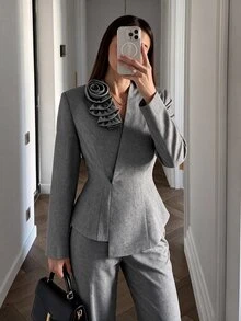 Modelyn Women 3D Flower Embellished Wrap Blazer Two Piece Set Asymmetric Peplum Top & High Waist Wide Leg Pants Quiet Luxury Fall Office Wedding Guest Formal - Grey - View 7