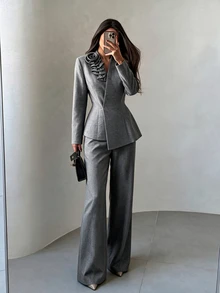 Modelyn Women 3D Flower Embellished Wrap Blazer Two Piece Set Asymmetric Peplum Top & High Waist Wide Leg Pants Quiet Luxury Fall Office Wedding Guest Formal - Grey - View 10