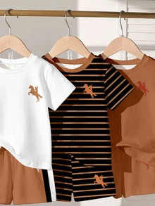 SHEIN 隨機 1 套棕色拼色嬰兒休閒時尚經典印花圓領短袖 T 恤套裝，校服 - 彩色 - 查看 3