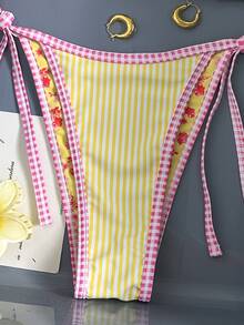 SHEIN Swim 女款掛脖比基尼兩件式泳衣，條紋格子飾邊，黃色白色，夏季可愛熱帶性感，適合泳池派對、度假、假日曬曬，花卉風 - 彩色 - 查看 7