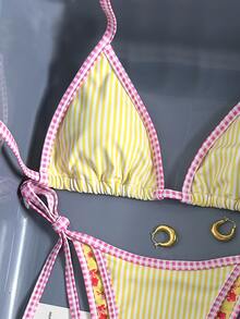SHEIN Swim 女款掛脖比基尼兩件式泳衣，條紋格子飾邊，黃色白色，夏季可愛熱帶性感，適合泳池派對、度假、假日曬曬，花卉風 - 彩色 - 查看 9