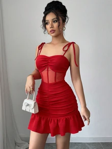GlowEve New Elegant Sexy Spaghetti Strap Knit Patchwork Mesh Mini Dress For Women, Suitable For Dates Night Out, Parties Red Summer - Red - View 3