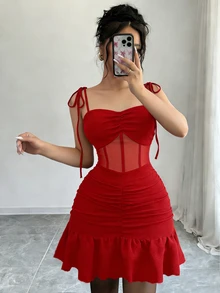 GlowEve New Elegant Sexy Spaghetti Strap Knit Patchwork Mesh Mini Dress For Women, Suitable For Dates Night Out, Parties Red Summer - Red - View 4