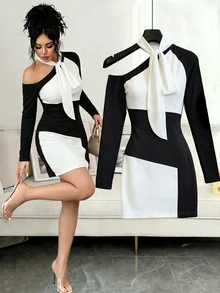 SHEIN Franclia Fall/Winter Women's New Style French High-Class Style, Multi-Color Slightly A-Line Sleeveless Long-Sleeved Dress, Light And Mature Style Sexy A-Line S - Black and White - View 2