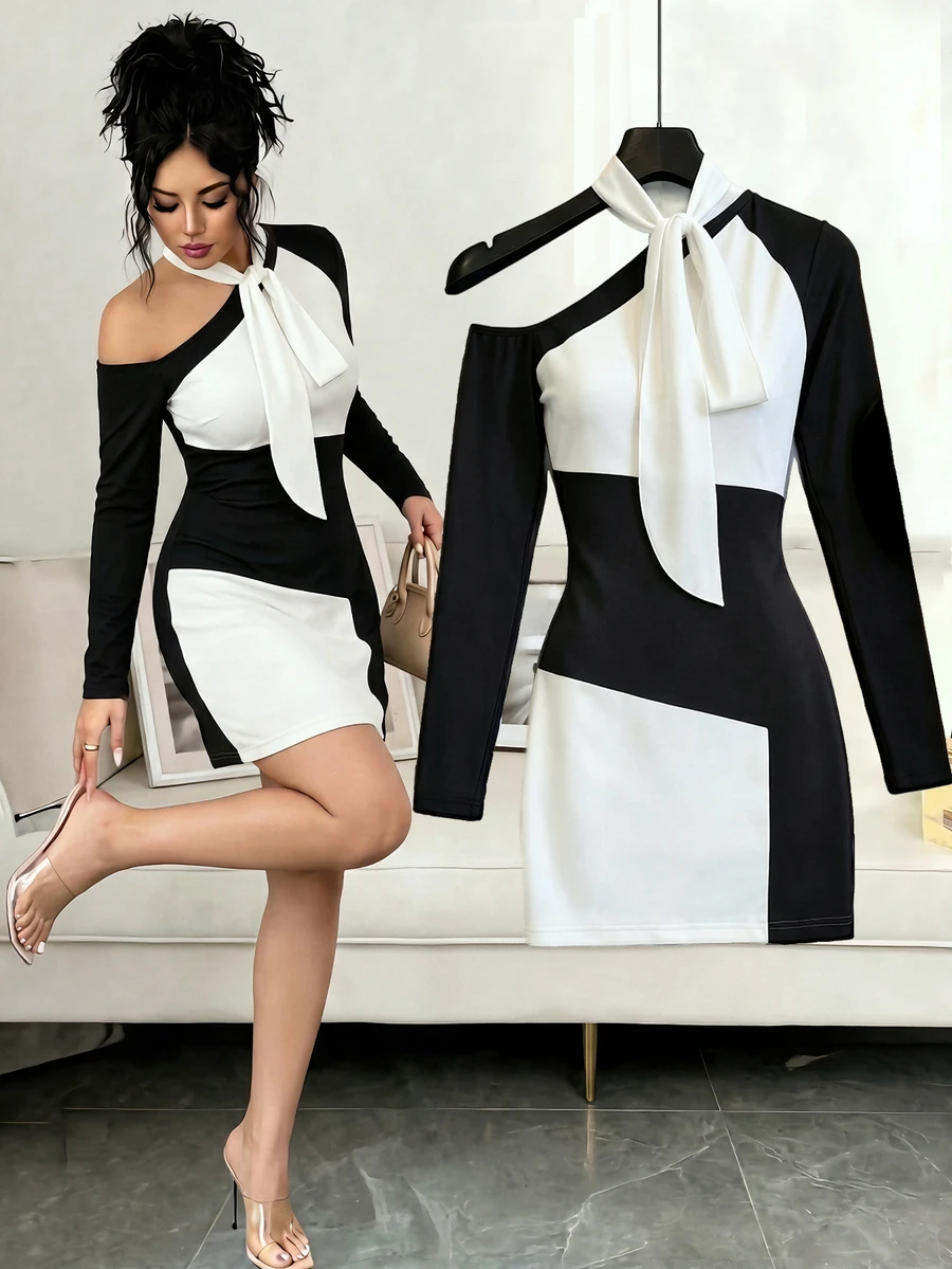 SHEIN Franclia Fall/Winter Women's New Style French High-Class Style, Multi-Color Slightly A-Line Sleeveless Long-Sleeved Dress, Light And Mature Style Sexy A-Line S