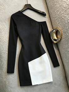 SHEIN Franclia Fall/Winter Women's New Style French High-Class Style, Multi-Color Slightly A-Line Sleeveless Long-Sleeved Dress, Light And Mature Style Sexy A-Line S - Black and White - View 3